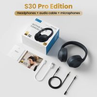 haylou s30 pro black bt anc headset, detachable mic, hi res audio 42db 2 mode anc protein leath