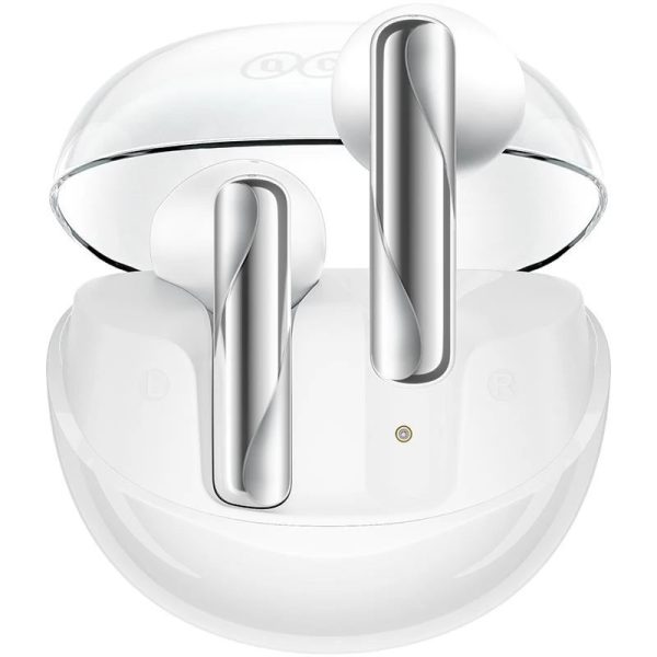qcy ailypods clear white semi ear 13mm driver, wind cancel enc for calls, ncvm & air case tws bt