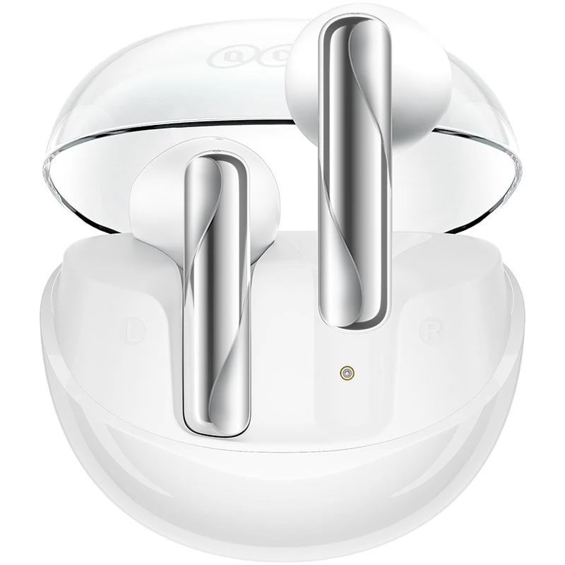 qcy ailypods clear white semi ear 13mm driver, wind cancel enc for calls, ncvm & air case tws bt
