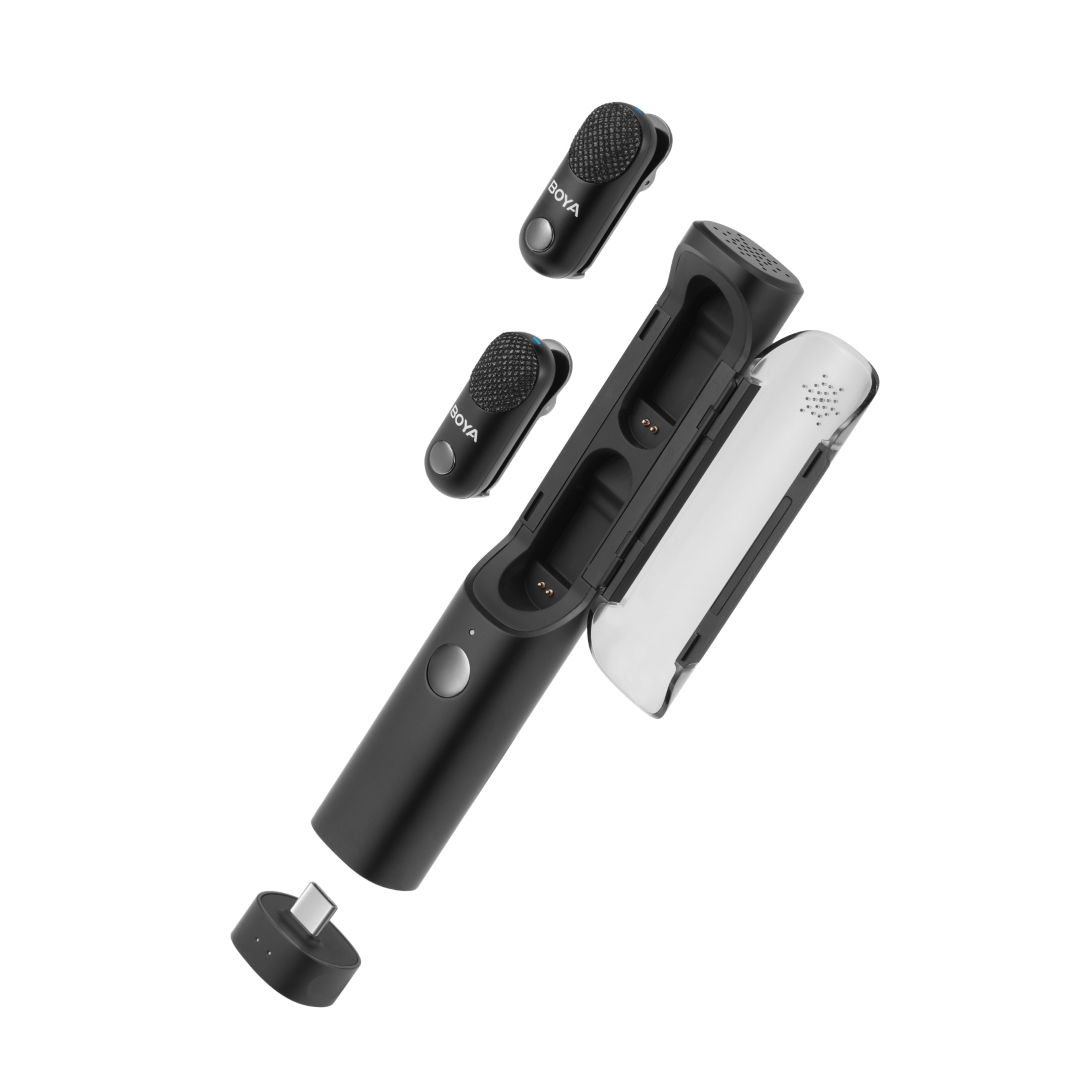 boya magic type c & 3,5mm, camera receiver wireless microphone 2 tx + 2 rx + charing case