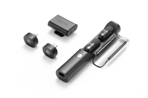 boya magic type c, lightning & 3,5mm, camera receiver wireless microphone 2 tx + 3 rx + char. case