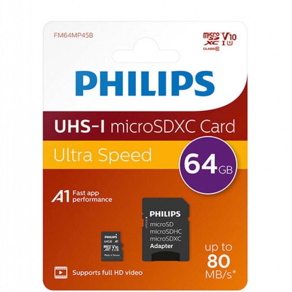 philips microsdhc 32gb u1 v10 high speed 80mb/s με αντάπτορα (fm32mp45b/00) (copy)