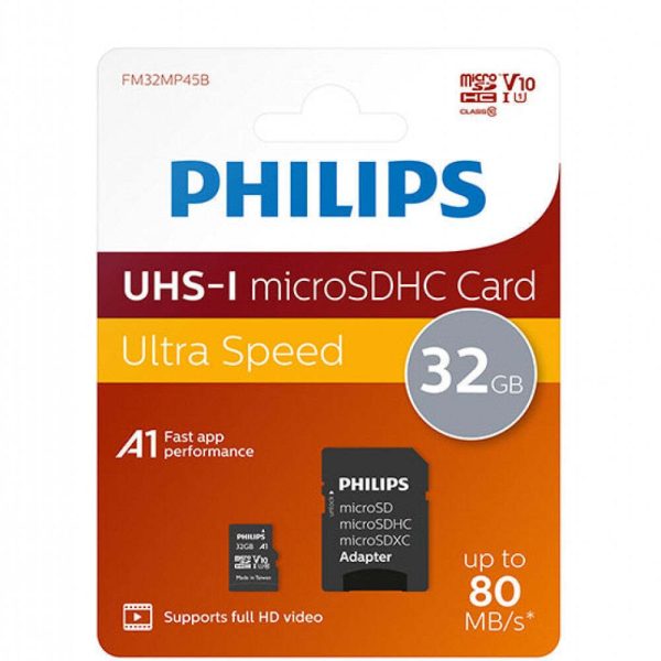 philips microsdhc 32gb u1 v10 high speed 80mb/s με αντάπτορα (fm32mp45b/00)